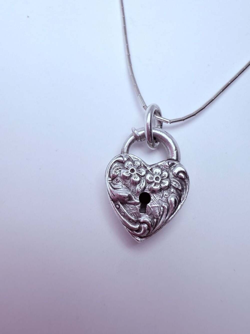 Sterling Silver Floral Heart Padlock Necklace with Snake Chain